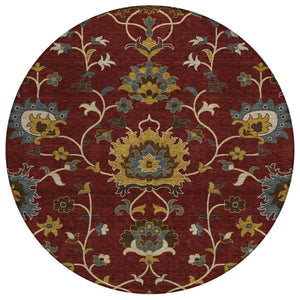 HomeRoots 8' Round Floral Area Rug in Burgundy, Gold & Gray – Durable, Washable, Indoor/Outdoor Use! 657915