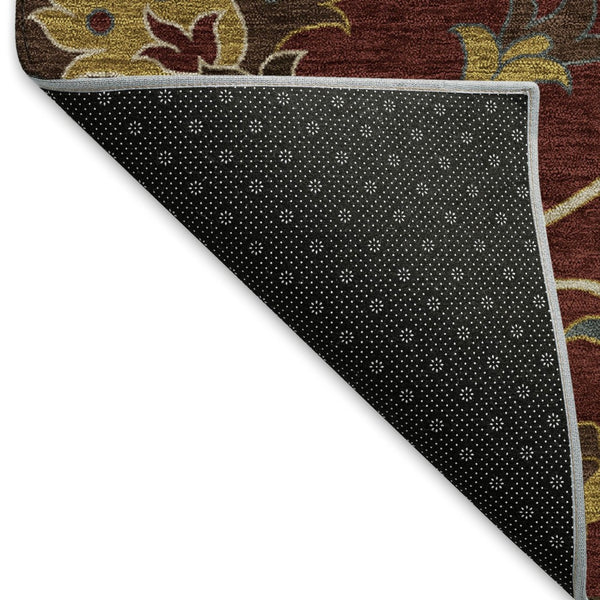 HomeRoots 8' Round Floral Area Rug in Burgundy, Gold & Gray – Durable, Washable, Indoor/Outdoor Use! 657915