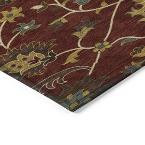 HomeRoots 8' Round Floral Area Rug in Burgundy, Gold & Gray – Durable, Washable, Indoor/Outdoor Use! 657915