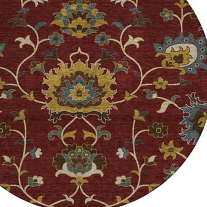 HomeRoots 8' Round Floral Area Rug in Burgundy, Gold & Gray – Durable, Washable, Indoor/Outdoor Use! 657915