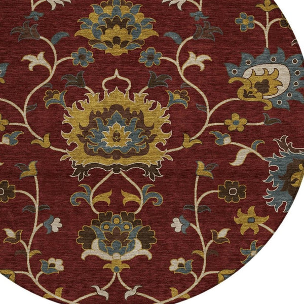 HomeRoots 8' Round Floral Area Rug in Burgundy, Gold & Gray – Durable, Washable, Indoor/Outdoor Use! 657915