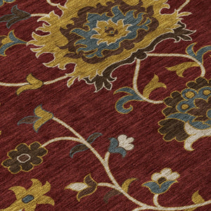 HomeRoots 8' Round Floral Area Rug in Burgundy, Gold & Gray – Durable, Washable, Indoor/Outdoor Use! 657915