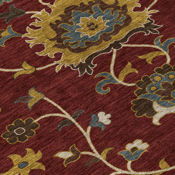 HomeRoots 8' Round Floral Area Rug in Burgundy, Gold & Gray – Durable, Washable, Indoor/Outdoor Use! 657915