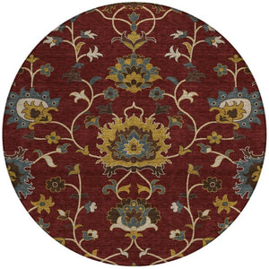 HomeRoots 8' Round Floral Area Rug in Burgundy, Gold & Gray – Durable, Washable, Indoor/Outdoor Use! 657915