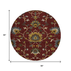 HomeRoots 8' Round Floral Area Rug in Burgundy, Gold & Gray – Durable, Washable, Indoor/Outdoor Use! 657915
