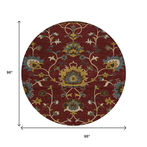HomeRoots 8' Round Floral Area Rug in Burgundy, Gold & Gray – Durable, Washable, Indoor/Outdoor Use! 657915