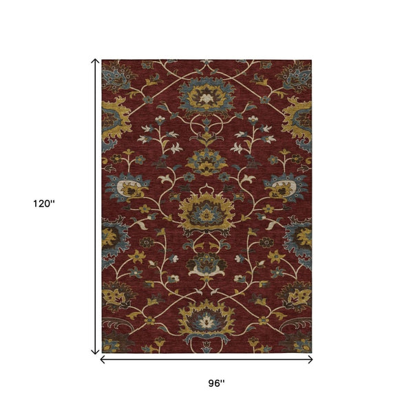 HomeRoots 8' X 10' Elegant Burgundy Gold Gray Floral Area Rug - Durable, Washable Indoor/Outdoor Charm! 657916