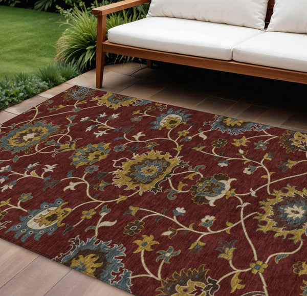 HomeRoots 8' X 10' Elegant Burgundy Gold Gray Floral Area Rug - Durable, Washable Indoor/Outdoor Charm! 657916