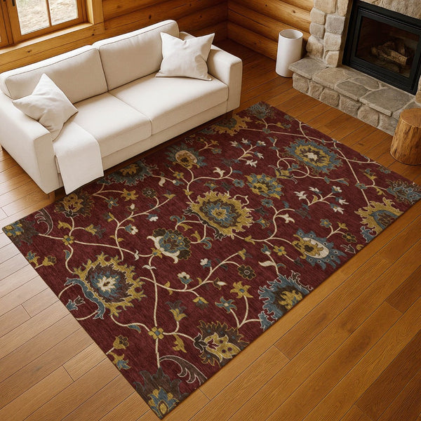 HomeRoots 8' X 10' Elegant Burgundy Gold Gray Floral Area Rug - Durable, Washable Indoor/Outdoor Charm! 657916