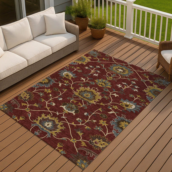 HomeRoots 9' X 12' Floral Area Rug in Burgundy, Gold & Gray - Durable, Washable for Indoor & Outdoor Use! 657917
