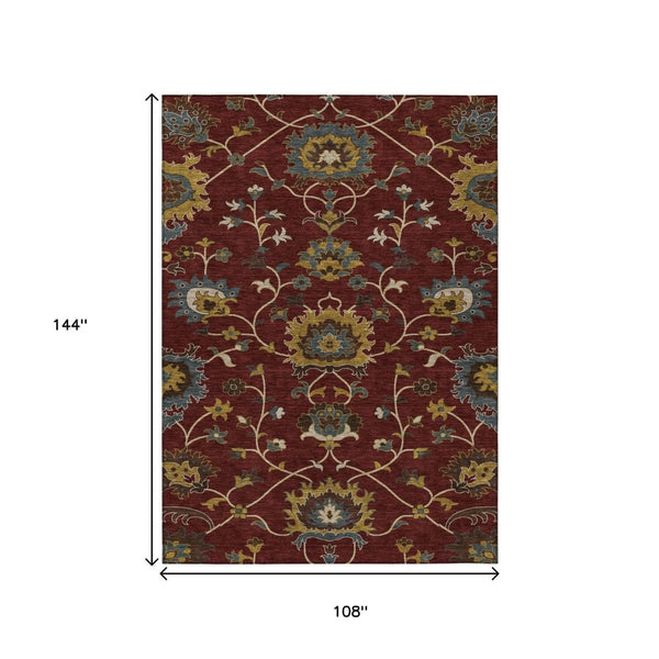 HomeRoots 9' X 12' Floral Area Rug in Burgundy, Gold & Gray - Durable, Washable for Indoor & Outdoor Use! 657917
