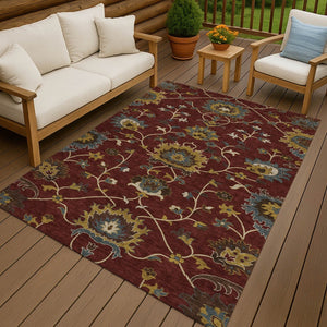 HomeRoots 10' Burgundy Gold Gray Floral Washable Area Rug for Indoor/Outdoor Use - Stylish & Durable Design 657918