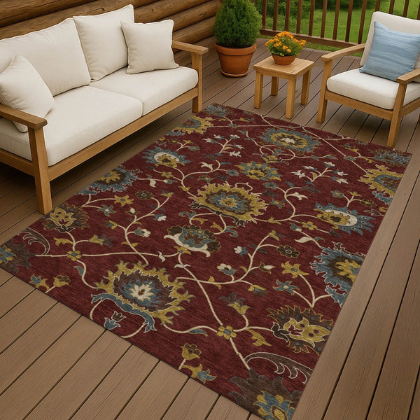 HomeRoots 10' Burgundy Gold Gray Floral Washable Area Rug for Indoor/Outdoor Use - Stylish & Durable Design 657918