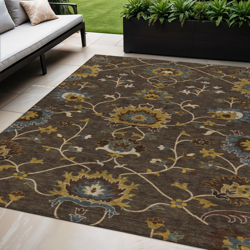 HomeRoots 5' Elegant Chocolate Gold & Gray Floral Washable Area Rug for Indoor & Outdoor Use | Durable Style 657920