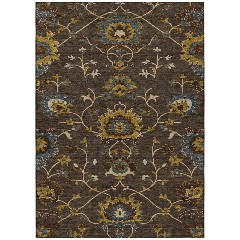 HomeRoots 5' Elegant Chocolate Gold & Gray Floral Washable Area Rug for Indoor & Outdoor Use | Durable Style 657920