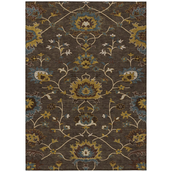 HomeRoots 5' Elegant Chocolate Gold & Gray Floral Washable Area Rug for Indoor & Outdoor Use | Durable Style 657920
