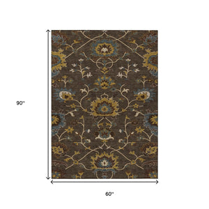 HomeRoots 5' Elegant Chocolate Gold & Gray Floral Washable Area Rug for Indoor & Outdoor Use | Durable Style 657920