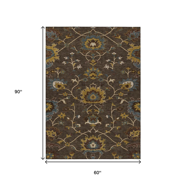 HomeRoots 5' Elegant Chocolate Gold & Gray Floral Washable Area Rug for Indoor & Outdoor Use | Durable Style 657920