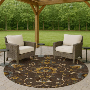 HomeRoots 8' Stylish Chocolate Gold Gray Floral Washable Area Rug for Indoor & Outdoor Spaces - Durable Design 657921