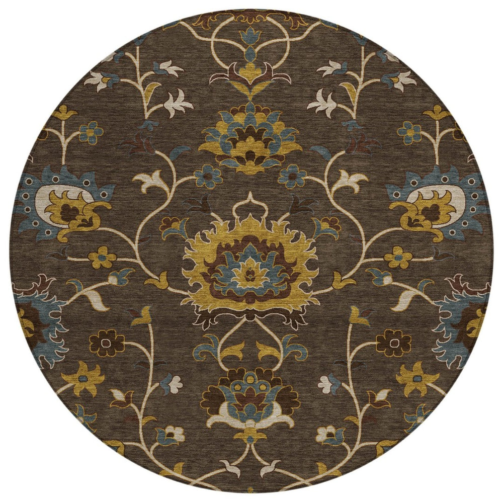 HomeRoots 8' Stylish Chocolate Gold Gray Floral Washable Area Rug for Indoor & Outdoor Spaces - Durable Design 657921