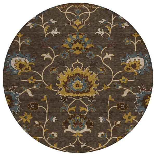 HomeRoots 8' Stylish Chocolate Gold Gray Floral Washable Area Rug for Indoor & Outdoor Spaces - Durable Design 657921