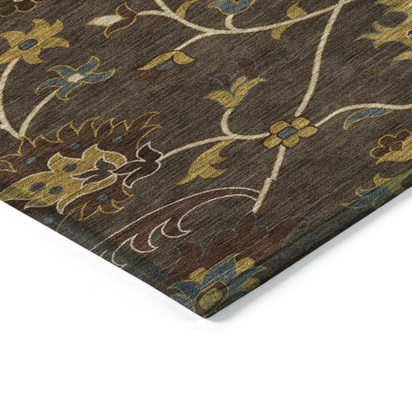 HomeRoots 8' Stylish Chocolate Gold Gray Floral Washable Area Rug for Indoor & Outdoor Spaces - Durable Design 657921