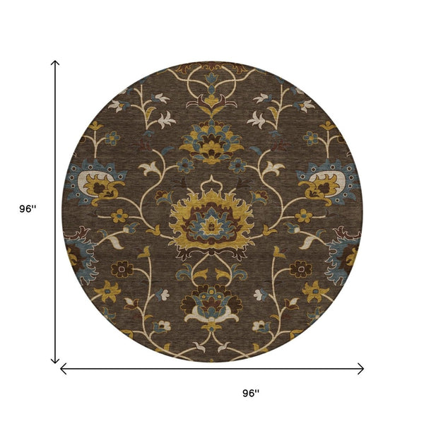 HomeRoots 8' Stylish Chocolate Gold Gray Floral Washable Area Rug for Indoor & Outdoor Spaces - Durable Design 657921
