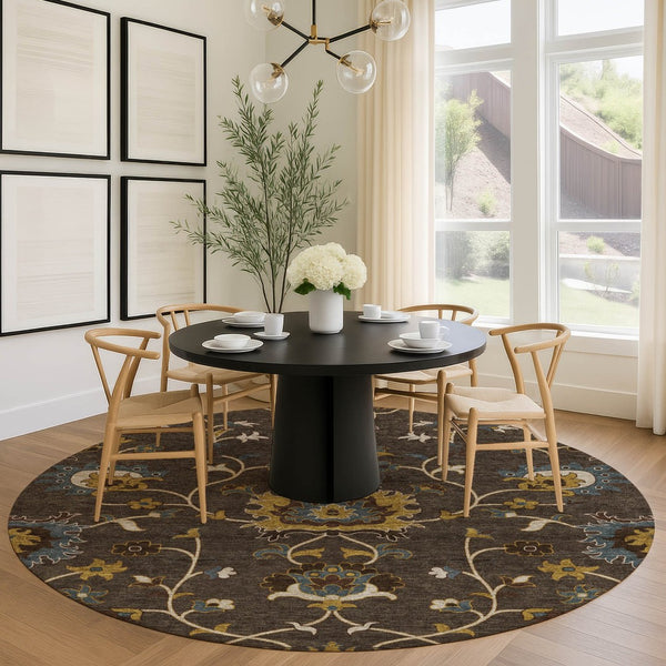 HomeRoots 8' Stylish Chocolate Gold Gray Floral Washable Area Rug for Indoor & Outdoor Spaces - Durable Design 657921