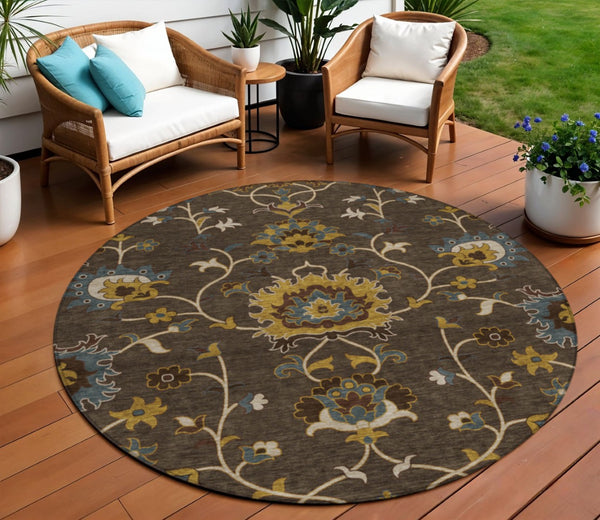 HomeRoots 8' Stylish Chocolate Gold Gray Floral Washable Area Rug for Indoor & Outdoor Spaces - Durable Design 657921