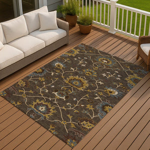 HomeRoots 8' X 10' Floral Area Rug in Chocolate, Gold & Gray - Machine Washable for Indoor & Outdoor Use 657922