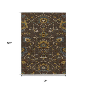 HomeRoots 8' X 10' Floral Area Rug in Chocolate, Gold & Gray - Machine Washable for Indoor & Outdoor Use 657922