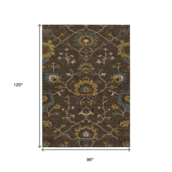 HomeRoots 8' X 10' Floral Area Rug in Chocolate, Gold & Gray - Machine Washable for Indoor & Outdoor Use 657922