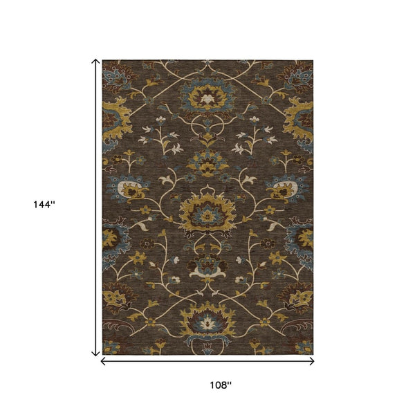 HomeRoots 9' X 12' Elegant Washable Floral Area Rug in Chocolate, Gold & Gray – Perfect for Indoor & Outdoor Use 657923