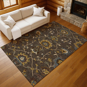 HomeRoots 9' X 12' Elegant Washable Floral Area Rug in Chocolate, Gold & Gray – Perfect for Indoor & Outdoor Use 657923