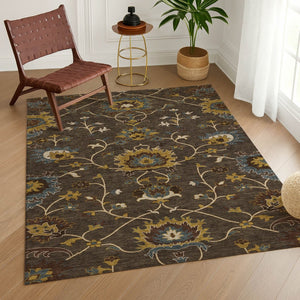 HomeRoots 9' X 12' Elegant Washable Floral Area Rug in Chocolate, Gold & Gray – Perfect for Indoor & Outdoor Use 657923