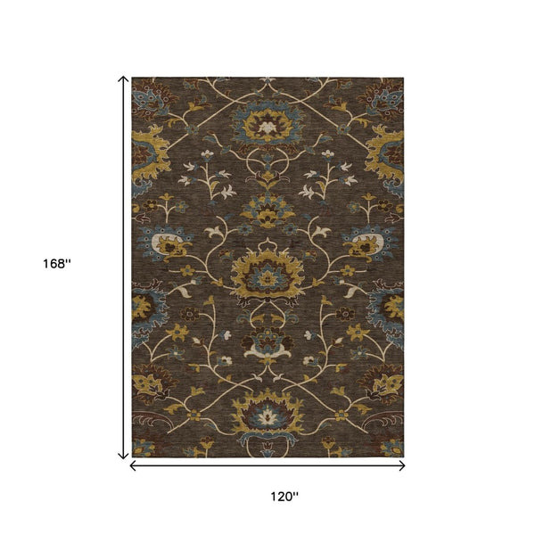 HomeRoots 10' X 14' Floral Washable Area Rug - Durable Indoor/Outdoor Design in Chocolate, Gold & Gray Tones 657924