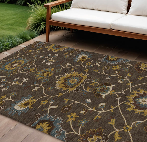 HomeRoots 10' X 14' Floral Washable Area Rug - Durable Indoor/Outdoor Design in Chocolate, Gold & Gray Tones 657924