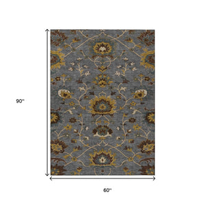 HomeRoots 5' X 8' Elegant Gray Gold Beige Floral Indoor Outdoor Area Rug – Washable, Durable, and Stylish! 657926