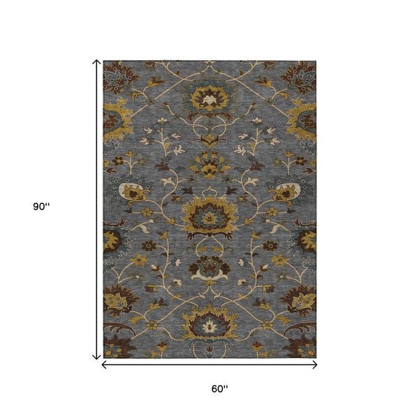HomeRoots 5' X 8' Elegant Gray Gold Beige Floral Indoor Outdoor Area Rug – Washable, Durable, and Stylish! 657926