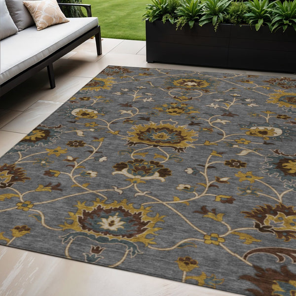 HomeRoots 5' X 8' Elegant Gray Gold Beige Floral Indoor Outdoor Area Rug – Washable, Durable, and Stylish! 657926