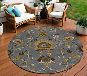 HomeRoots 8' Round Floral Area Rug in Gray, Gold & Beige - Washable, Durable for Indoor/Outdoor Spaces 657927