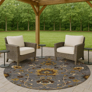 HomeRoots 8' Round Floral Area Rug in Gray, Gold & Beige - Washable, Durable for Indoor/Outdoor Spaces 657927