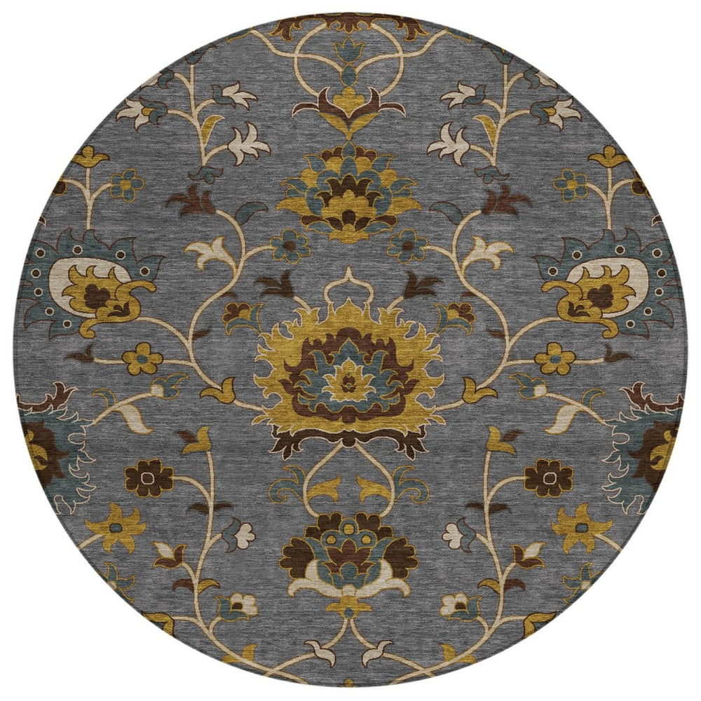HomeRoots 8' Round Floral Area Rug in Gray, Gold & Beige - Washable, Durable for Indoor/Outdoor Spaces 657927