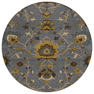HomeRoots 8' Round Floral Area Rug in Gray, Gold & Beige - Washable, Durable for Indoor/Outdoor Spaces 657927