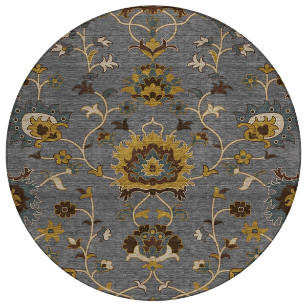 HomeRoots 8' Round Floral Area Rug in Gray, Gold & Beige - Washable, Durable for Indoor/Outdoor Spaces 657927