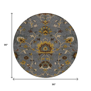 HomeRoots 8' Round Floral Area Rug in Gray, Gold & Beige - Washable, Durable for Indoor/Outdoor Spaces 657927