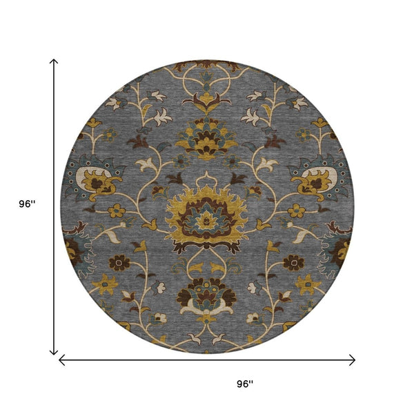 HomeRoots 8' Round Floral Area Rug in Gray, Gold & Beige - Washable, Durable for Indoor/Outdoor Spaces 657927