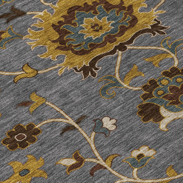 HomeRoots 8' Round Floral Area Rug in Gray, Gold & Beige - Washable, Durable for Indoor/Outdoor Spaces 657927