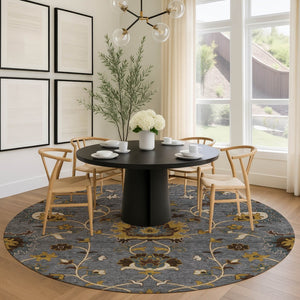 HomeRoots 8' Round Floral Area Rug in Gray, Gold & Beige - Washable, Durable for Indoor/Outdoor Spaces 657927