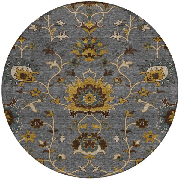 HomeRoots 8' Round Floral Area Rug in Gray, Gold & Beige - Washable, Durable for Indoor/Outdoor Spaces 657927